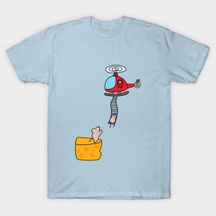 funny mouse on top of a cheese taking helicopter rope ladder T-Shirt